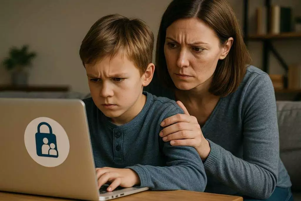 Mère inquiète observant son enfant utiliser un ordinateur portable, symbolisant le contrôle parental excessif et son impact sur l’autonomie, en lien avec un article de La veille de Stef sur la psychologie familiale et les nouvelles technologies